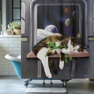 Weltraum-Tabby-Katze grüner Alien-Plüsch Sci-Fi Duschvorhang