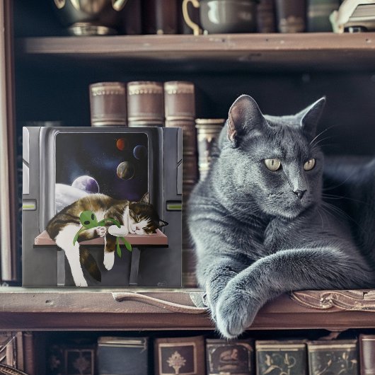 Weltraum-Tabby-Katze grüner Alien-Plüsch Sci-Fi Fliese