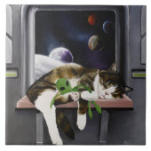 Weltraum-Tabby-Katze grüner Alien-Plüsch Sci-Fi Fliese (Vorderseite)