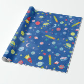 Weltraum UFO Planets Rocket Muster Wasserfarbe Geschenkpapier (Ungerollt)