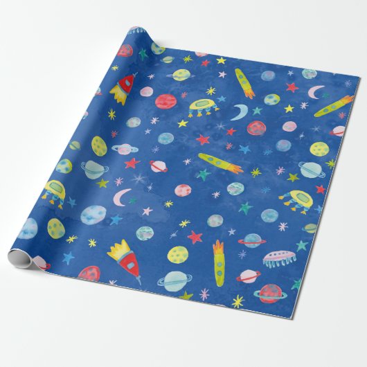 Weltraum UFO Planets Rocket Muster Wasserfarbe Geschenkpapier (Ungerollt)