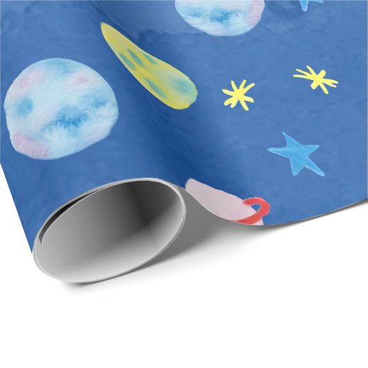 Weltraum UFO Planets Rocket Muster Wasserfarbe Geschenkpapier (Rolleneckpunkt)