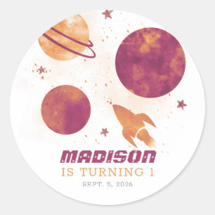 Weltraum Wasserfarbenplanet Mädchen 1. Geburtstag Runder Aufkleber