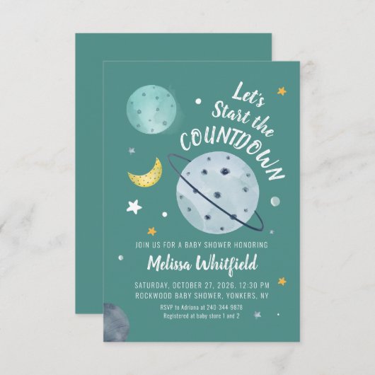 Weltraum Watercolor Script Planets Baby Shooter Einladung (Vorne/Hinten)