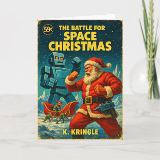 Weltraum-Weihnachten Santa vs. Roboter Vintage-Sci Feiertagskarte