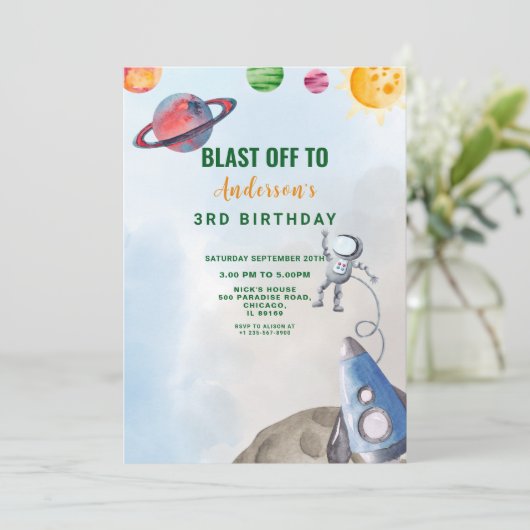 Weltraumabenteuer Geburtstag Einladung (Stehend Vorderseite)