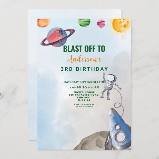 Weltraumabenteuer Geburtstag Einladung (Vorne/Hinten)