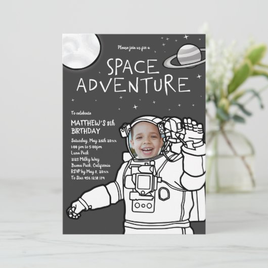 Weltraumabenteuer Geburtstag Einladung (Stehend Vorderseite)