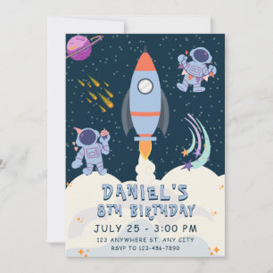 Weltraumabenteuer Geburtstag mit Rakete und Astron Einladung
