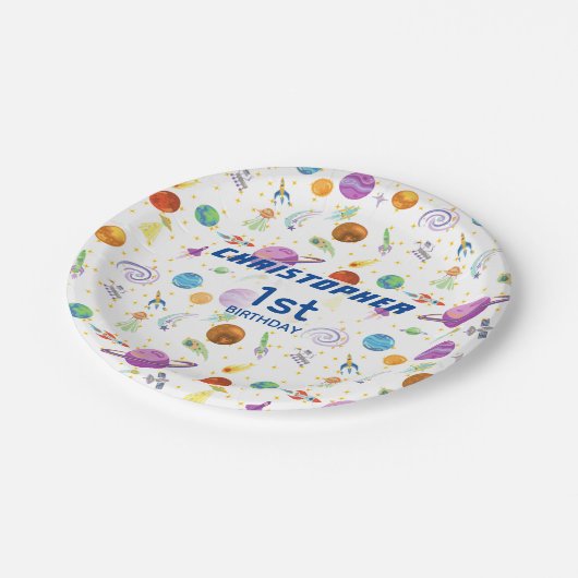 Weltraumabenteuer Geburtstag Pappteller (Schrägansicht)