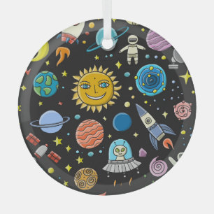 Weltraumabenteuer: Planeten, Raketenmuster. Ornament Aus Glas