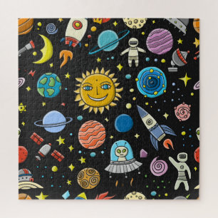 Weltraumabenteuer: Planeten, Raketenmuster. Puzzle