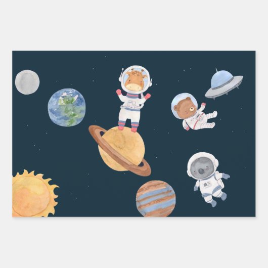 Weltraumabenteuer: Planeten und Tiere Astronauten Geschenkpapier Set (Vorderseite 3)