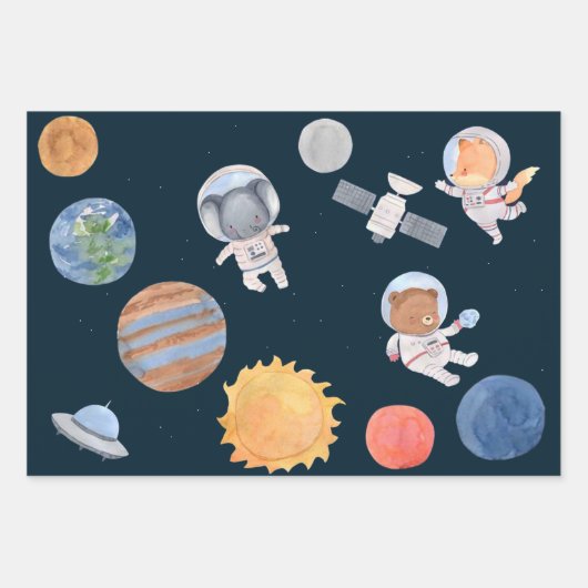 Weltraumabenteuer: Planeten und Tiere Astronauten Geschenkpapier Set (Vorderseite)