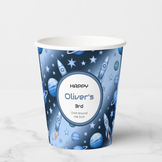 Weltraumabenteuerrakete und Planet Blue Pappbecher (Vorderseite)