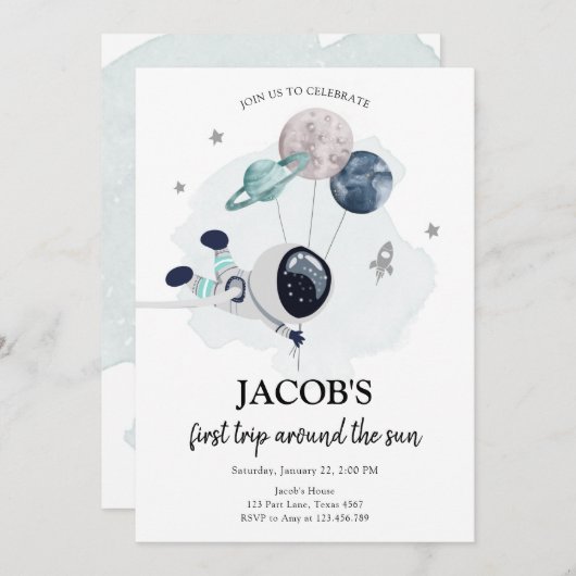 Weltraumamonaut Orange Junge erster Geburtstag in Einladung (Vorne/Hinten)