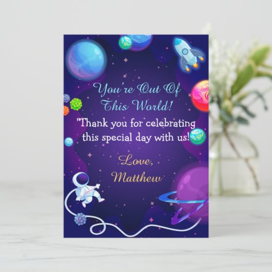 WeltraumBaby-Dusche Blue Astronaut Planet Dankeskarte (Stehend Vorderseite)