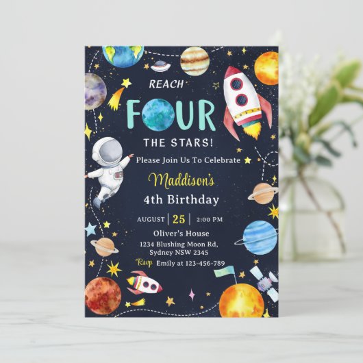 Weltraumbahnhof 4. Geburtstagsmond Einladung (Stehend Vorderseite)