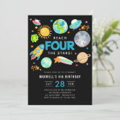 Weltraumbahnhof 4. Geburtstagsmond Einladung (Stehend Vorderseite)