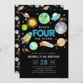 Weltraumbahnhof 4. Geburtstagsmond Einladung (Vorne/Hinten)