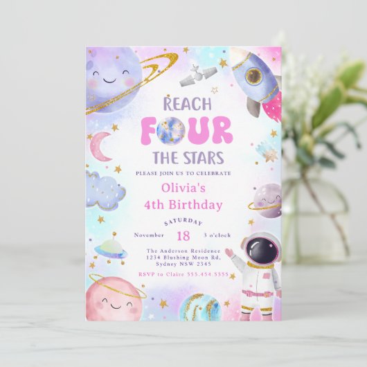 Weltraumbahnhof 4. Geburtstagsmond Einladung (Stehend Vorderseite)