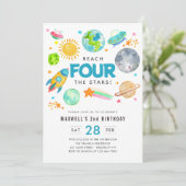 Weltraumbahnhof 4. Geburtstagsmond Einladung (Stehend Vorderseite)