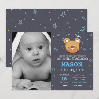 Weltraumbär Blauer Geburtstag Einladung mit Foto