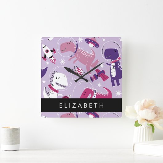 Weltraumdinosaurier, Niedliche Dinosaurier, Sterne Quadratische Wanduhr (Zuhause)