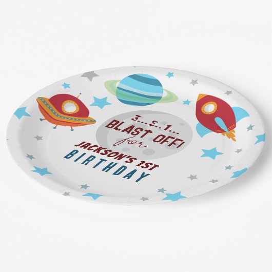 Weltraumexplosion vom 1. Geburtstag Pappteller (Schrägansicht)