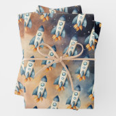 Weltraumfahrt auf der sonnigen Birthday-Rakete Geschenkpapier Set (Beispiel)