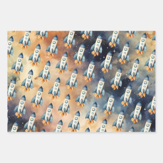 Weltraumfahrt auf der sonnigen Birthday-Rakete Geschenkpapier Set (Vorderseite)