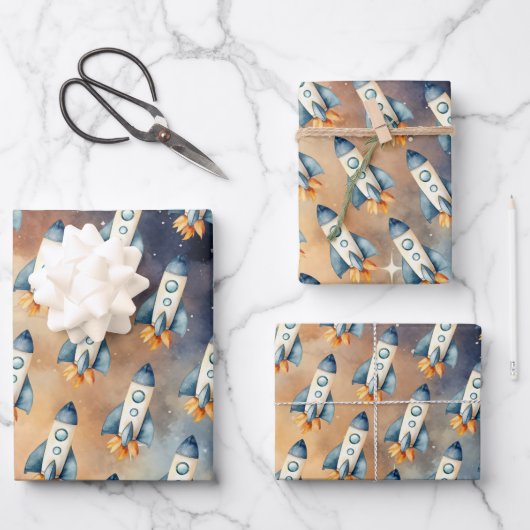 Weltraumfahrt auf der sonnigen Birthday-Rakete Geschenkpapier Set (Vorderseite)