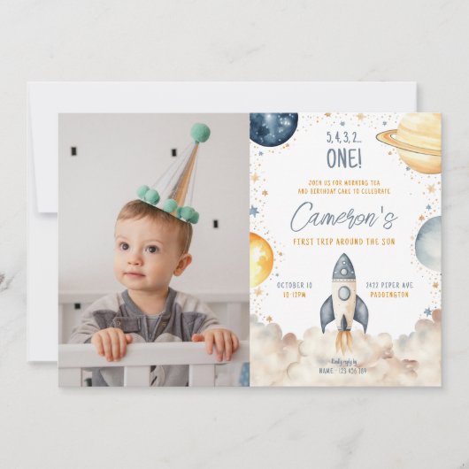 Weltraumfahrt auf der Sun Birthday Party Einladung (Vorderseite)
