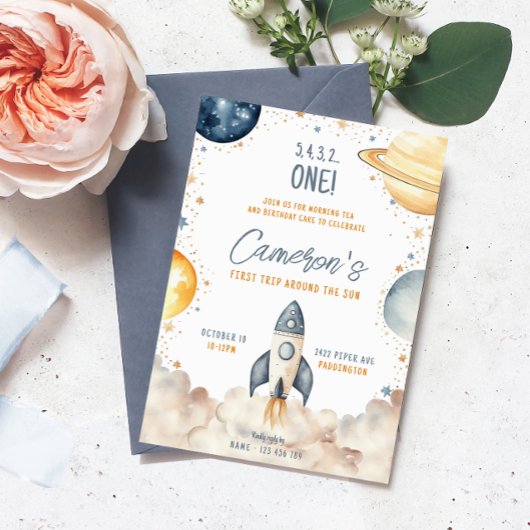 Weltraumfahrt auf der Sun Birthday Party Einladung