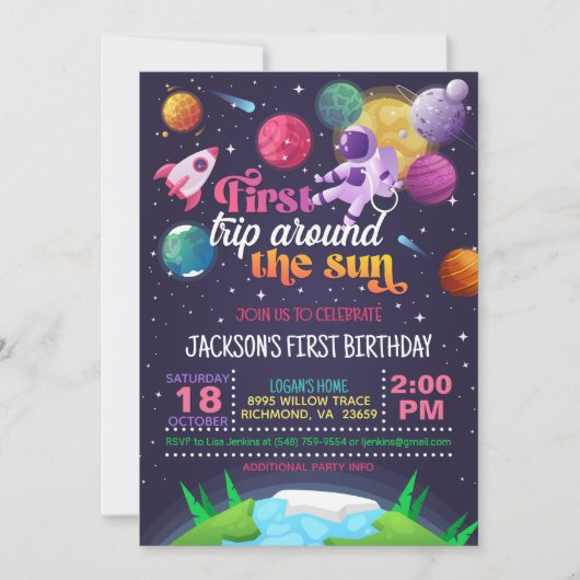 Weltraumfahrt (Mädchen) Einladung (Vorderseite)