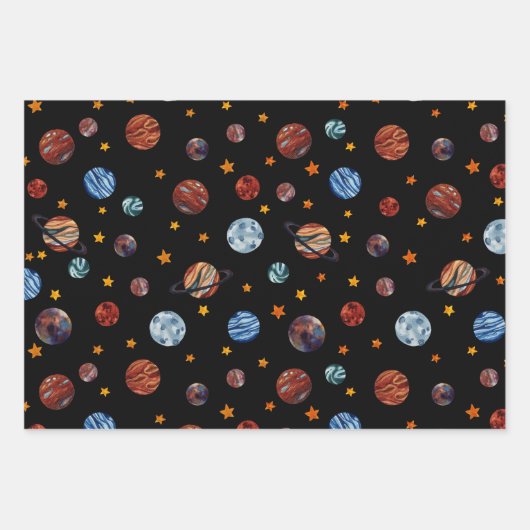 Weltraumfarbene Planeten und Sterne Geschenkpapier Set (Vorderseite 2)