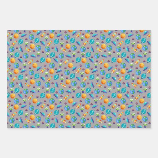 Weltraumforscher auf Grau Geschenkpapier Set (Vorderseite)