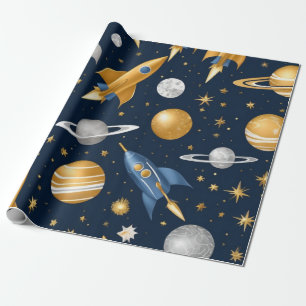 Weltraumforschung, goldene Raketen, silberne Plane Geschenkpapier