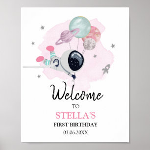 Weltraumgalaxie Astronaut Girl Geburtstag Willkomm Poster