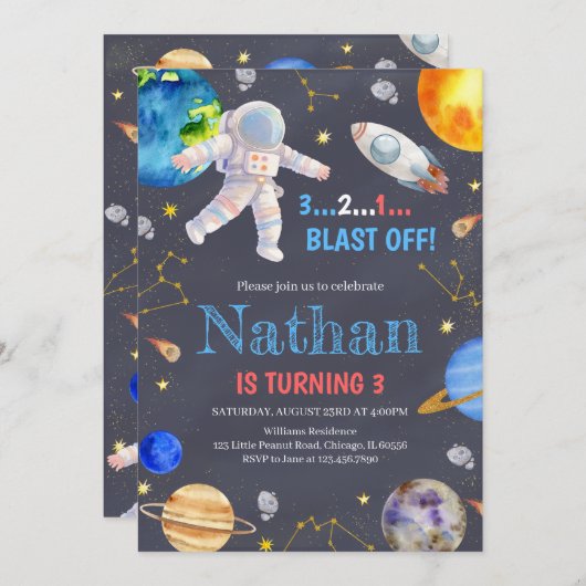 Weltraumgalaxie Geburtstag Einladung (Vorne/Hinten)