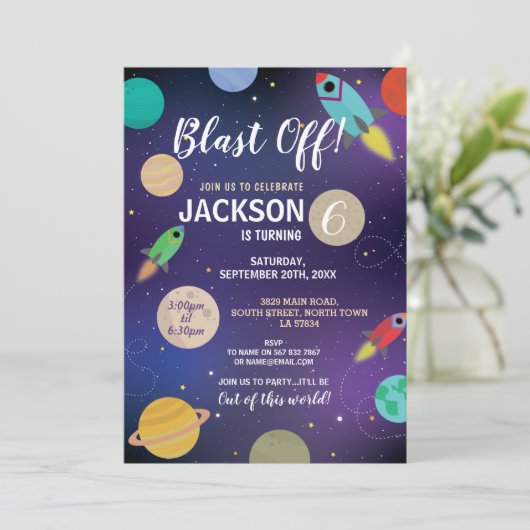 Weltraumgalaxie Geburtstagsparty-Rakete Einladung (Stehend Vorderseite)