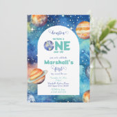 Weltraumgalaxie Planets erste Geburtstagsparty Einladung (Stehend Vorderseite)