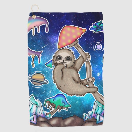 Weltraumgalaxie Sloth Cosmic Mushrooms Weiße Krist Golfhandtuch (Vorderseite)