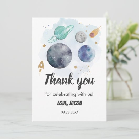 Weltraumgalaxie Wasserfarbe Planet Rakete 1. Gebur Dankeskarte (Stehend Vorderseite)