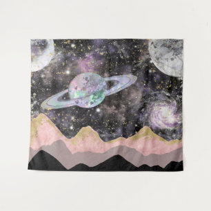 Weltraumgebirge Gold Sternenhimmel Galaxie Planete Wandteppich