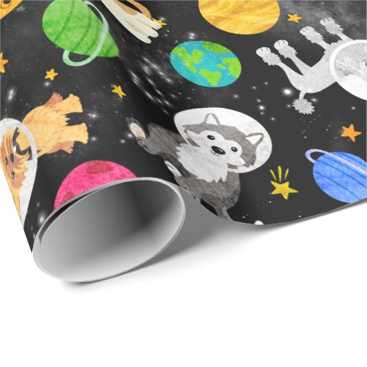 Weltraumhunde Wasserfarben Welpen Geschenkpapier (Rolleneckpunkt)