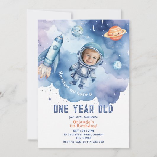 Weltraumjunge Astronautin 1. Geburtstag Foto Einladung (Vorderseite)