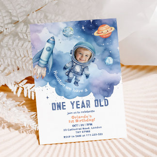 Weltraumjunge Astronautin 1. Geburtstag Foto Einladung