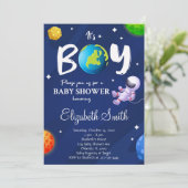 Weltraumjunge Babydusche Einladung (Stehend Vorderseite)