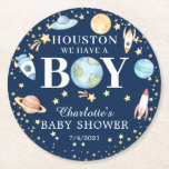 Weltraumjunge Babydusche Runder Pappuntersetzer<br><div class="desc">Adorable Houston haben wir ein Baby Duschdesign mit Planeten,  Raumschiffen & Sternen Set auf blauem Hintergrund. Ideal für eine Babydusche. Sehr einfach mit Ihrer Duschinfo zu personalisieren.</div>